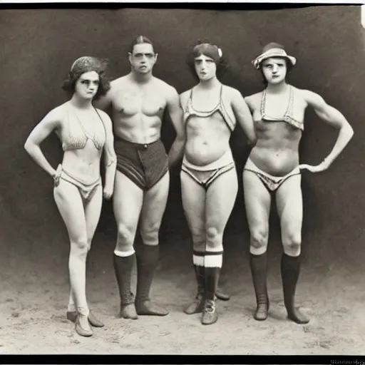 Image similar to muscular Amazonian women and smaller, frailer men, 1920s photography