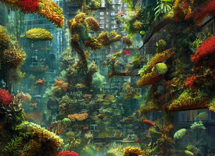 Image similar to overgrown foliage overtaking tall buildings, underwater environment, storefronts, coral, scenery, professional, award - winning, trending on artstation, detailed, realistic, beautiful, emotional, shiny, golden, picture