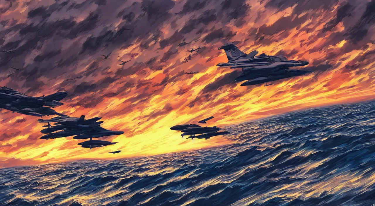 Prompt: aircraft carrier sunset sky waves beautiful artstation 4 k breathtaking graphic novel concept art illustration cartoon by jack kirby