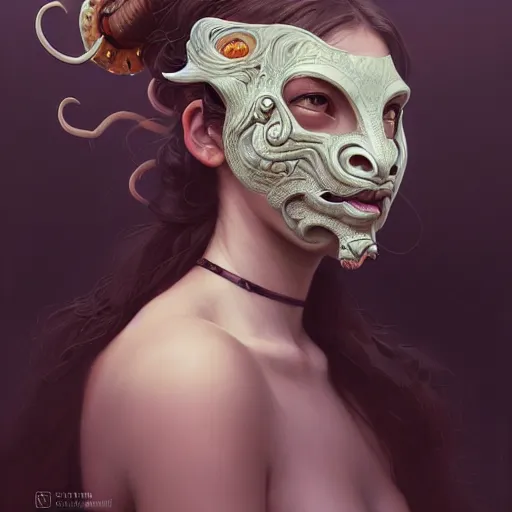 Prompt: Portrait of a girl with oni-half-mask smoke coming out of the nostrils, face, fantasy, intricate, elegant, highly detailed, digital painting, artstation, concept art, smooth, sharp focus, illustration, art by Wei Fan and Fernanda Suarez and Artem Demura and alphonse mucha