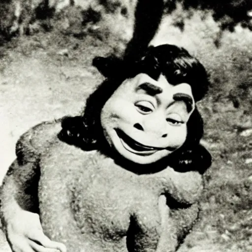 Prompt: A sighting of Shrek. 1940s photograph. cursed and haunted.