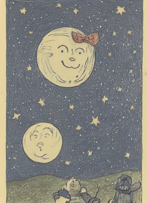 Prompt: candid portrait of a moon with a face in the starry sky, illustrated by peggy fortnum and beatrix potter and sir john tenniel