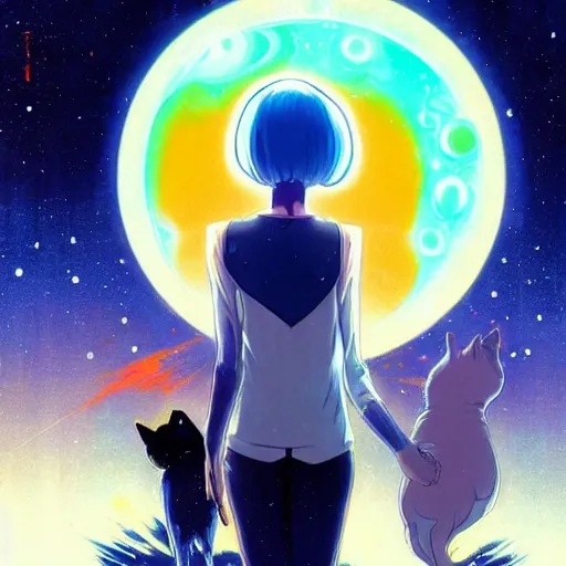 Prompt: A fantastic cosmic entity with big and cute eyes, holding a cat || VERY ANIME, fine-face, realistic shaded perfect face, fine details. Anime. realistic shaded lighting poster by Ilya Kuvshinov katsuhiro otomo ghost-in-the-shell, magali villeneuve, artgerm, Jeremy Lipkin and Michael Garmash, Rob Rey and Kentarõ Miura style, trending on art station