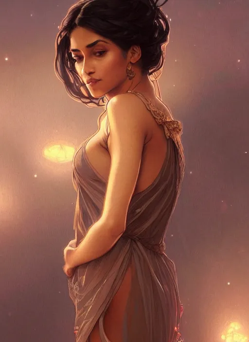 Image similar to cute brown woman wearing a transparent night gown, fantasy, intricate, highly detailed, digital painting, artstation, concept art, wallpaper, smooth, sharp focus, illustration, art by artgerm and greg rutkowski and alphonse mucha