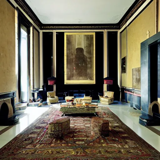 Image similar to giant Italian modern castle living room, clean minimalist design, that is 1300 feet tall, with very tall giant walls filled with modern art paintings, doors that are cosmic portals, photo by Annie Leibovitz