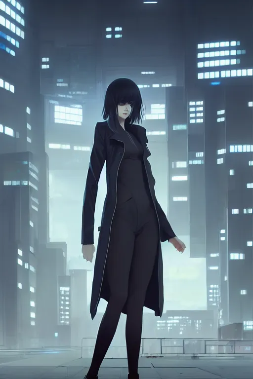 Image similar to realistic render of a cyborg - girl wearing a long trench coat by ross draws, futuristic dystopian city by ilya kuvshinov, digital anime art by ross tran, composition by sana takeda, lighting by greg rutkowski