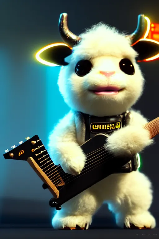 Image similar to high quality 3 d render very cute fluffy! cyborg cow plays guitar, cyberpunk highly detailed, unreal engine cinematic smooth, in the style of blade runner & detective pikachu, hannah yata charlie immer, moody light, low angle, uhd 8 k, sharp focus