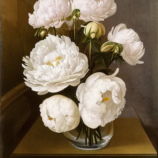 Prompt: atmospheric beautiful bouquet of white delicate peony in the sunny room of his beloved wife, wrote renaissance michelangelo
