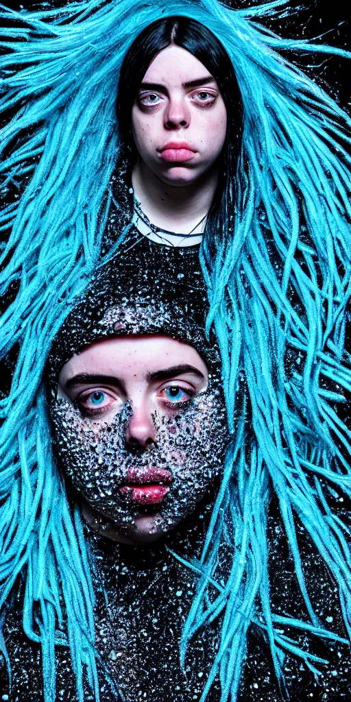 Image similar to professional photo shot of an billie eilish made of silica crystal spikes, melted with rocks in the background, microscopic picture, grimy, gritty, trending on artstation, award winning, close shot, by aleks labuda and barry webb