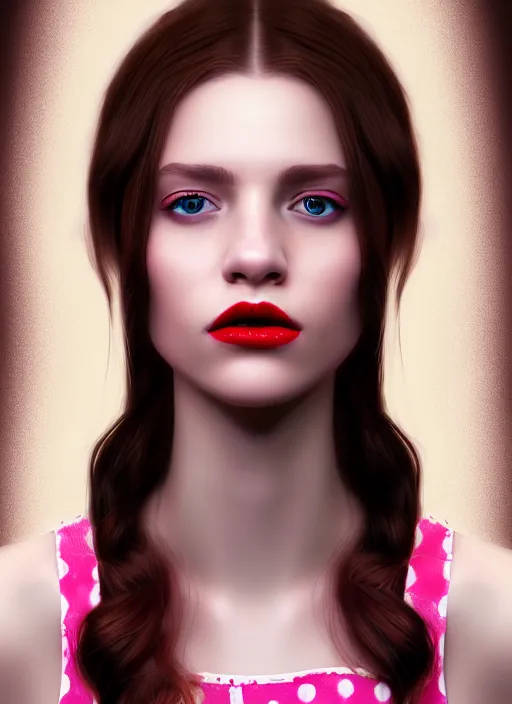 Image similar to highly detailed portrait of a young white woman with brown hair and scarlet lips, photographic realistic background, by tokenin, by glitchedpuppet, gradient pink, black, cream, brown and white color scheme, trending in artstation, award winning details