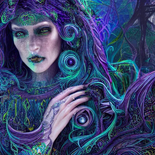 Prompt: photo of mystical witch, hyper detailed, flowing background, intricate and detailed, trippy, 8 k, octane render