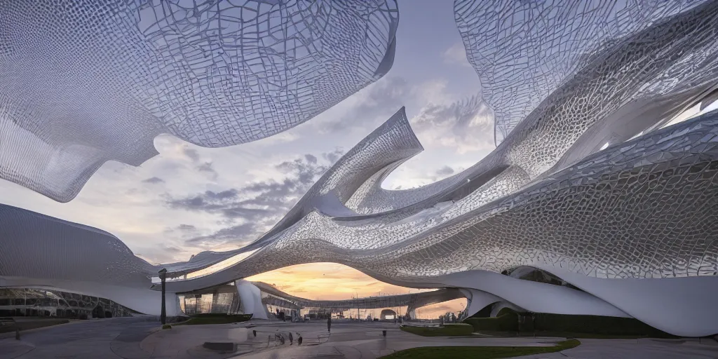 Image similar to extremely detailed ornate stunning sophisticated beautiful elegant futuristic museum exterior by Zaha Hadid, stunning volumetric light, sunset, concrete ant translucent material, stunning skies, 8k dragonfly structural pattern