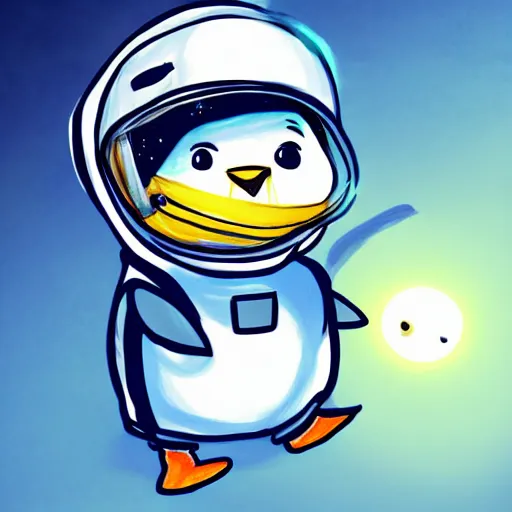 Image similar to cute drawing of a penguin on an astronaut suit, drawing, digital art, trending on artstation, 4 k