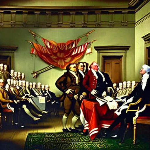 Image similar to shrek at the signing of the declaration of independence oil painting