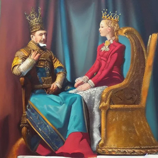 Prompt: a king and queen sitting on thrones, oil painting
