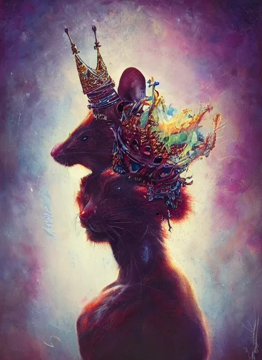 Image similar to a humanoid animal king mouse with a crown, atmospheric beautiful by stanley artgerm, tom bagshaw, arthur adams, carne griffiths, trending on deviant art, street art, chillwave, maximalist, full of color, glittering, 8 k, hd