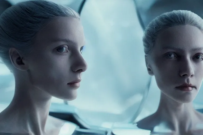 Image similar to VFX movie of a futuristic space woman model gorgeous portrait in inhuman future spaceship, beautiful natural skin natural lighting by Emmanuel Lubezki