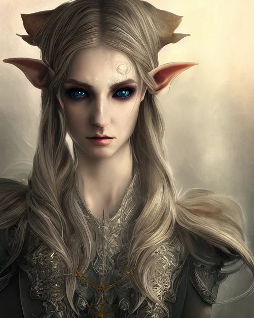 Image similar to portrait of a beautiful female elf with shimmering hair, symmetrical face and eyes, cgsociety, Elden Ring, Dark Souls, Bloodborne