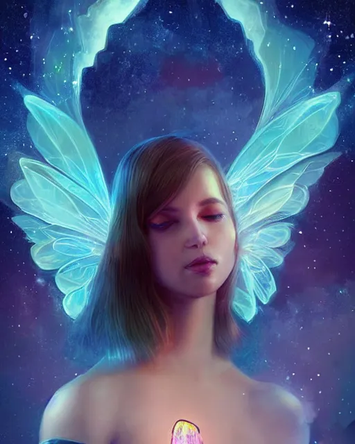 Prompt: a detailed digital art of an attractive!!!! girl with psychedelic! fairy wings sitting under the night sky and holding!! a crystal!! containing all of reality and galaxies, by greg rutkowski artgerm ilya kuvshinov. dramatic lighting, cinematic angle, heavy contrast