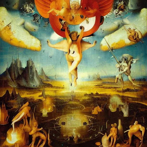 Prompt: A war in Heaven with fire as a renaissance holy painting by Hieronymus Bosch and Beeple, hyper detailed, oil painting