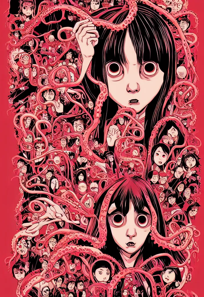 Image similar to a comic book style japanese horror poster of girl with large eyes by dan mumford, yusuke murata and junji ito, blood lines, yokai, shinigami, eyes, shurikens, kanji, tentacles, synthwave, 8k, unreal engine, trending on artstation, pixiv, intricate details, volumetric lighting