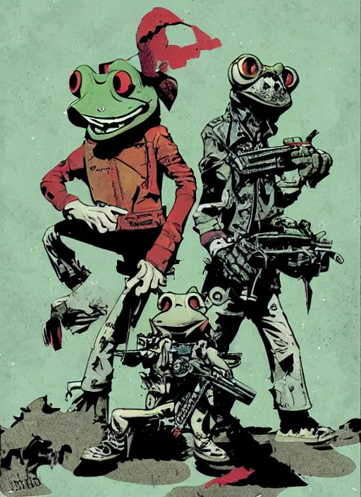 Prompt: frogfighter cover art by jamie hewlett and ashley wood, digital art, neonpunk