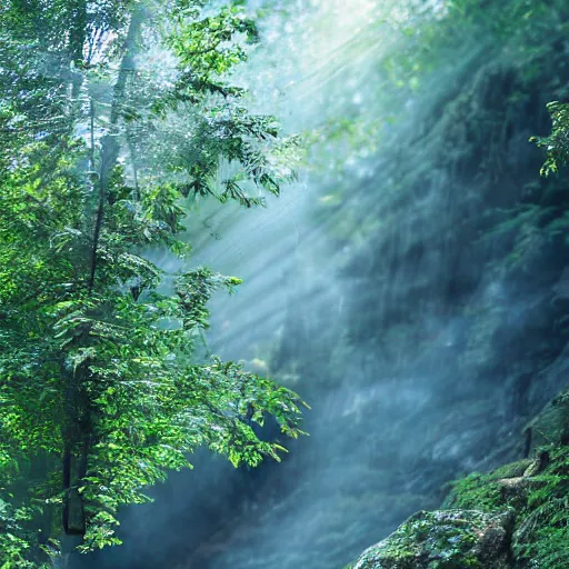 Image similar to a forest with waterfalls, atmospheric lighting, anamorphic lens flare, hazy with smoke, cinematic composition, cinema products cine - pro 2 4 - 4 8 0 mm, cooke varotal 2 0 - 1 0 0 mm