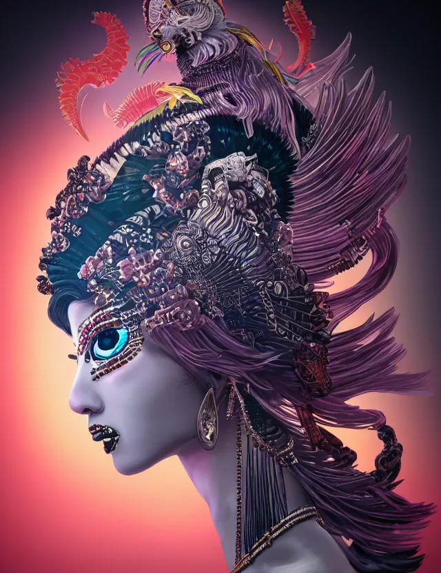 Image similar to 3 d goddess close - up profile portrait punk with mohawk with ram skull. beautiful intricately detailed japanese crow kitsune mask and clasical japanese kimono. betta fish, jellyfish phoenix, bio luminescent, plasma, ice, water, wind, creature, artwork by tooth wu and wlop and beeple and greg rutkowski