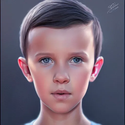Image similar to Beautiful hyperrealistic detailed matte portrait painting of Millie Bobby Brown kid with short straight hair by andreas rocha and john howe and Martin Johnson