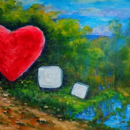 Image similar to beautiful impressionist painting of companion cube heart on side