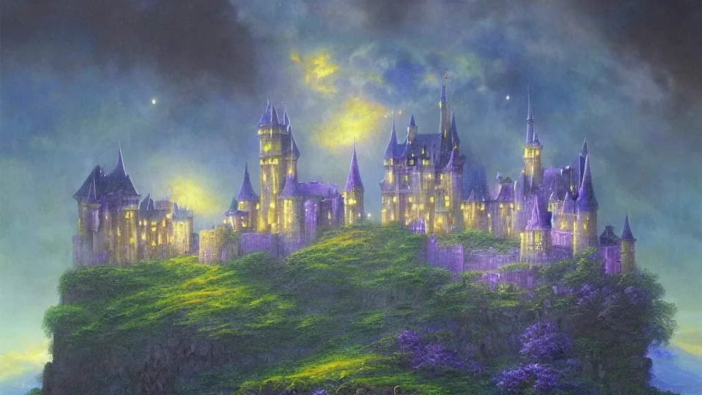 Image similar to beautiful airbrush matte painting of a castle made of light inspired by gilbert williams. clean painting and auora lighting. dark blue and intense purple color palette, art by gilbert williams