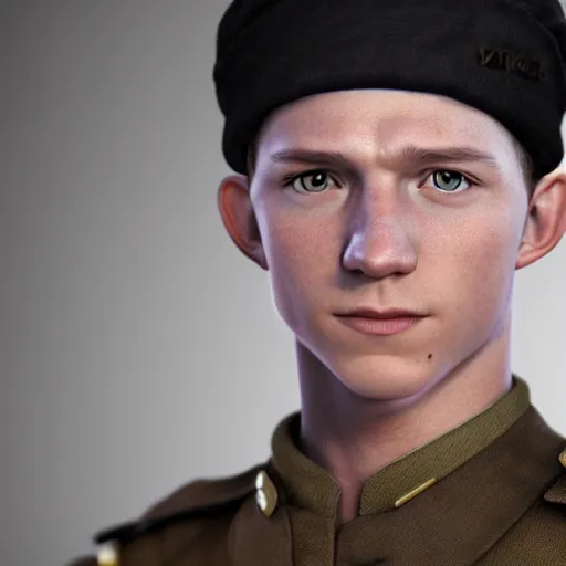 Prompt: closeup portrait of tom holland wearing russian ww 1 clothes, with black beanie on head, white thach house at background, style ivan talavera and artgerm, radiant lighting, hyper realistic, photorealistic, octane render, trending on artstation, cgsociety, cinematic light, global illumination