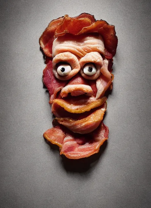 Image similar to bacon in the shape of a human face, human face made out of bacon, kevin bacon made out of bacon, professional food photography, unreal engine