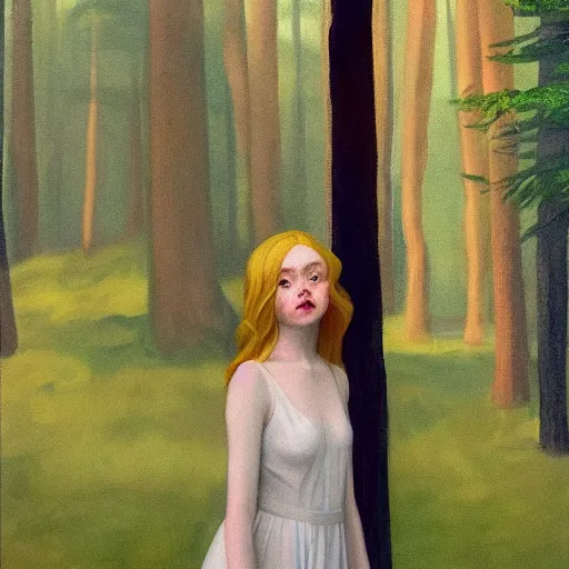 Prompt: Painting of Elle Fanning lost in the dark woods with a flashlight, long blonde hair, delicate, pale milky white porcelain skin, by Edward Hopper. 8K. Extremely detailed.