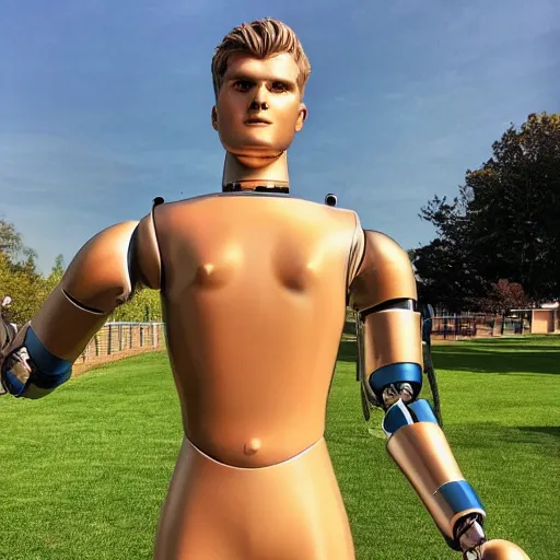 Image similar to a realistic detailed photo of a guy who is an attractive humanoid who is half robot and half humanoid, who is a male android, soccer player timo werner, shiny skin, posing like a statue, blank stare, by the pool, on display, showing off his muscles, humanoid robot, frozen ice statue, made of ice