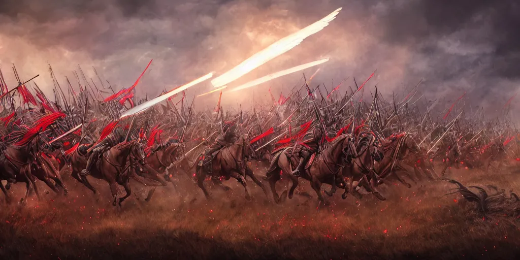 Prompt: Majestic powerfull red white Winged Hussars cavalry horde charging at ugly rainbow demons and trolls on ground, huge golden cross above them on the sky, white red eagle helping hussars, blood, snow, wide angle, professional kodak lenses, magic, fire, face painting, dramatic lighting, intricate, wild, highly detailed, digital painting, artstation, concept art, smooth, sharp focus, illustration, art by artgerm and greg rutkowski and alphonse mucha, footage from space camera