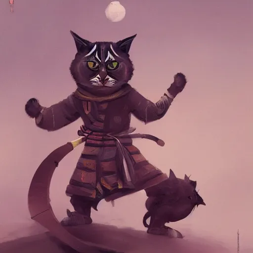 Prompt: cat as a samurai, background dark, highly detailed, digital illustration, trending in artstation, modern painting, smooth, sharp focus, intricate, by peter mohrbacher