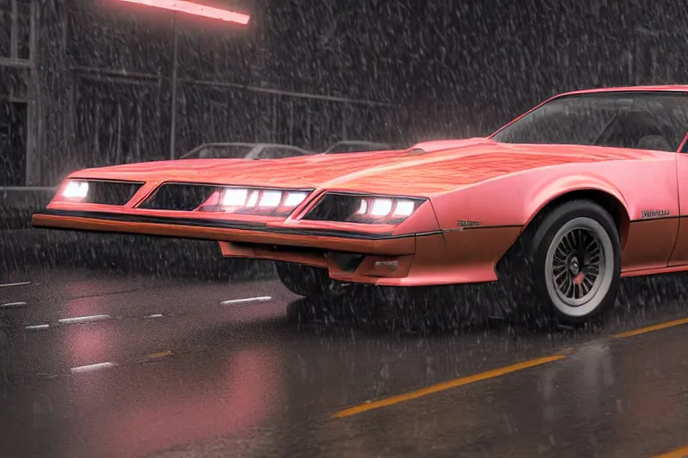 Prompt: hyperdetailed, photorealistic photograph of a 1 9 8 2 pontiac firebird trans - am drifting in the streets, rain, night, dense fog, hd, unreal engine 5 by greg rutowski, by stanley artgerm, by alphonse mucha