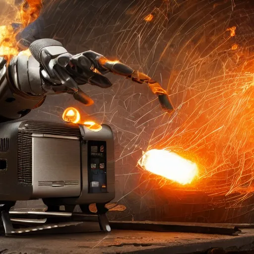 Image similar to toaster oven terminator robot, dark messy smoke - filled cluttered workshop, dark, dramatic lighting, orange tint, sparks, plasma charge, cinematic, highly detailed, sci - fi, futuristic, movie still