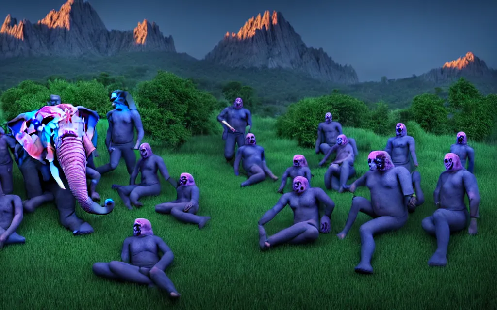 Image similar to a crowd of necromancers dressed in blue around a person in green clothing and a pink elephant face mask, lying on top of a rectangular rock in the center, mountains in the background, twilight lighting, ultra realistic, cycles render engine, 8 k,