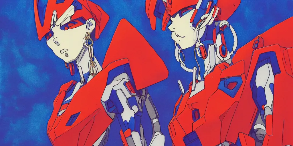 Image similar to risograph grainy painting of gigantic huge evangelion - like gundam mech face, with huge earrings and rings around head with a lot of details, covered with rich jewelry, blue hour, twilight, by moebius and dirk dzimirsky and satisho kon, close - up wide portrait