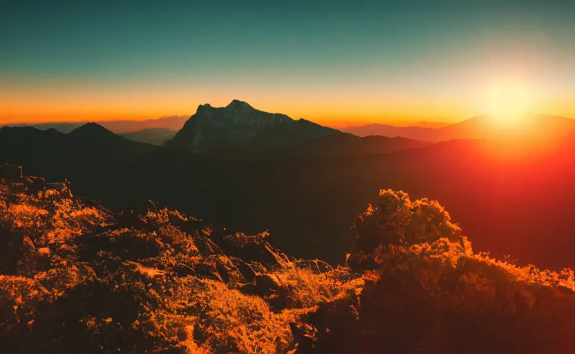 Image similar to beautiful mountain landscape, vaporwave, sunset, professional photography