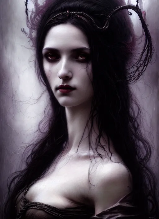 Image similar to portrait of a ancient immortal vampire elegant girl with long tangles of black hair, beautiful piercing eyes, gothic fog ambience, hyper realistic head, fantasy victorian art, in the style of greg rutkowski, zdizslaw beksinski, intricate, alphonse mucha, hyper detailed, smooth