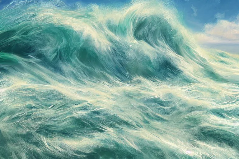 Image similar to ocean, land, tumultuous waves, digital painting, illustrated by max hay