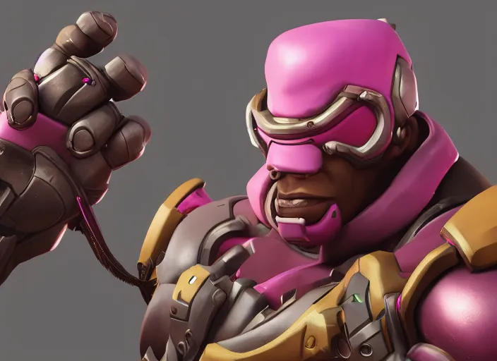 Image similar to doomfist, pink suit, overwatch game, digital art, high detailed, artstation, octane render