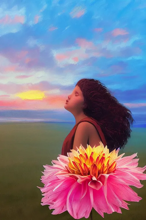 Image similar to closeup giant dahlia flower head, girl sitting on beach, surreal photography, blue sky, sunrise, dramatic light, impressionist painting, digital painting, artstation, simon stalenhag