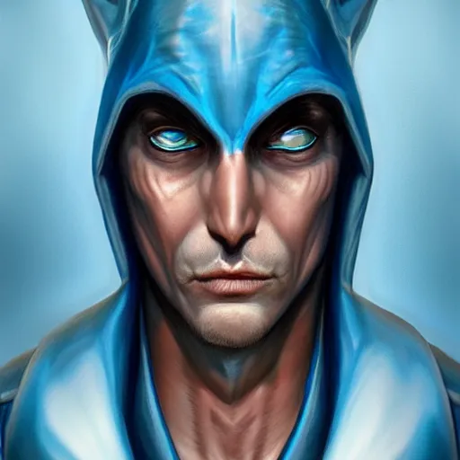 Image similar to blue skin half shark half man wearing robes, naval background, fantasy, D&D, portrait, piercing stare, highly detailed, high detailed face, digital painting, HD, artstation, concept art, matte, sharp focus, illustration, art by artgerm and greg rutkowski