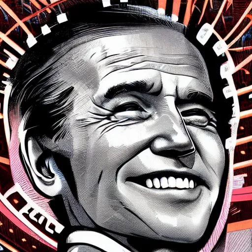 Image similar to smiling, happy, beautiful, intelligent, powerful, joe biden, loving eyes, fully clothed, wise, beautiful, dramatic lighting, sharp focus, art deco patterns by stanley artgerm, retro futurism, dramatic lighting, trending on artstation, flat colour, geometric curves, gradient filter