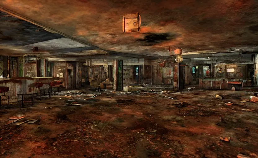 Image similar to horror photography of the rundown ruins of a 5 0 s bar in a tacky casino in fallout new vegas by lori nix, hdr, unreal engine