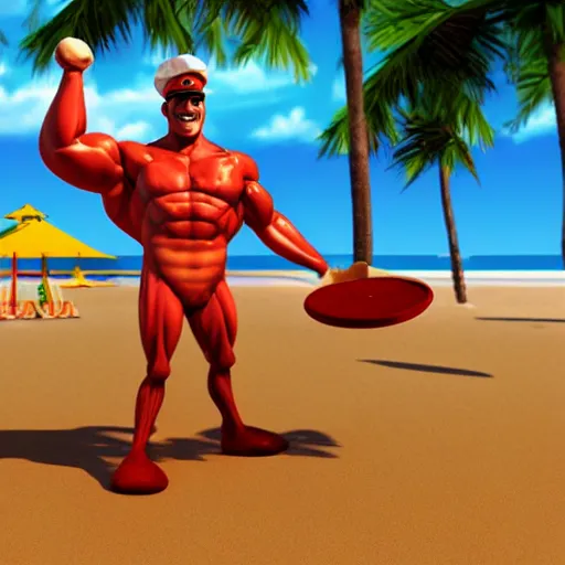 Image similar to render of muscular pizza man, beach background